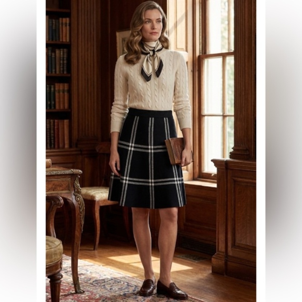 Saks Fifth Avenue Womens Elastic Waistband Plaid A Line Skirt Black White XS